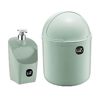 Kit Lixeira e Porta Detergente com Válvula Metalizado Verde Menta UZ