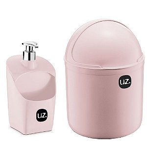 Kit Lixeira e Porta Detergente com Válvula Metalizado Rosa UZ