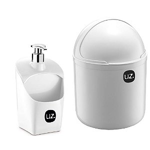 Kit Lixeira e Porta Detergente com Válvula Metalizado Branco UZ