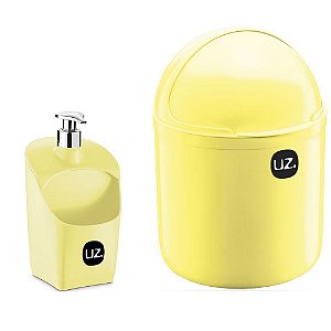 Kit Lixeira e Porta Detergente com Válvula Metalizado Amarelo UZ