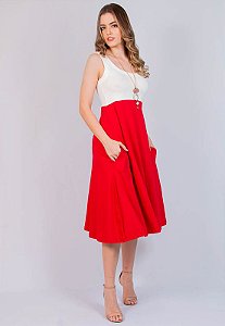 Vestido Maria Paes Midi Vermelho e Off White