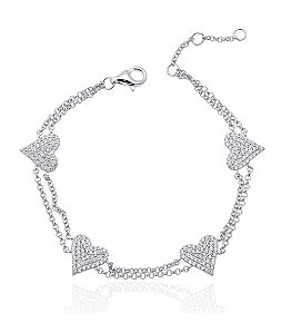 Pulseira Corações Cravejados em Prata e ródio