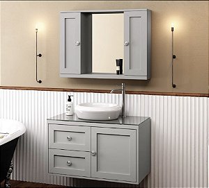 Kit gabinete Provençal, base de vidro, cuba e espelheira 0,80MT Cinza 4182