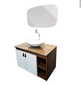 Kit gabinete Paris, base de vidro, cuba e espelheira  0,80MT Madeirado/Branco 45941