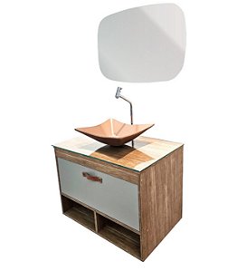 Kit gabinete Roma, base de vidro, cuba e espelheira  0,70MT Madeirado/Cinza 45642