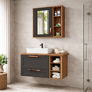 Kit gabinete, base de vidro, Cuba e Espelheira C/Armario 0.80MT Avelato/Preto 49442