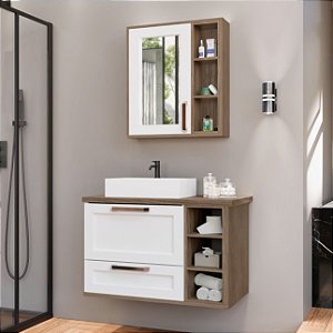 Kit gabinete, base de vidro, Cuba e Espelheira C/Armario 0.80MT Avelato/Branco 49441