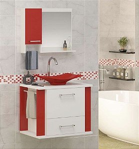 Kit gabinete,cuba e espelheira 0,60MT Branco/vermelho 0913