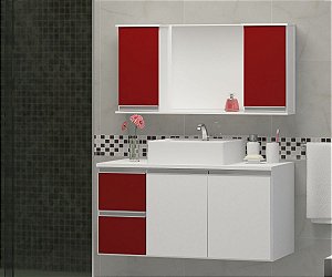 Kit gabinete,cuba e espelheira 0,80MT Branco/vermelho 0963