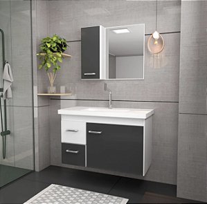 Kit gabinete,cuba e espelheira 0,74MT Branco/Preto 2232