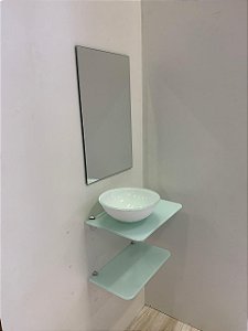 kit cuba, espelho e prateleira p/banheiro 0,45MT de vidro Branco 2341