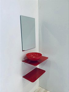 kit cuba, espelho e prateleira p/banheiro 0,45MT de vidro vermelho 2343