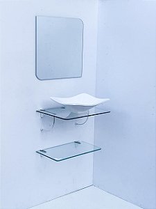 kit cuba branca, espelho e prateleira p/banheiro 0,53MT de vidro 2361