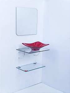 kit cuba vermelha, espelho e prateleira p/banheiro 0,53MT de vidro 2363