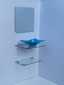 kit cuba azul, espelho e prateleira p/banheiro 0,53MT de vidro 23621