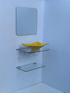 kit cuba amarela, espelho e prateleira p/banheiro 0,53MT de vidro 23620