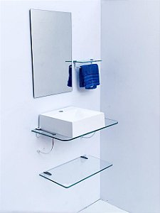 kit cuba branca, espelho e prateleira p/banheiro 0,60MT de vidro 2381