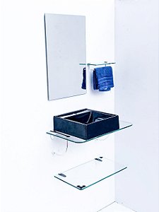 kit cuba preta, espelho e prateleira p/banheiro 0,60MT de vidro 2382