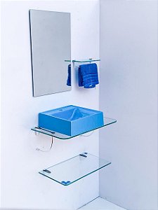 kit cuba azul, espelho e prateleira p/banheiro 0,60MT de vidro 23821
