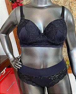 Conjunto Plus Size Sutiã e Calcinha renda preto elastico na base lingerie Juliana