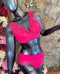 Conjunto lingerie Sutiã renda na alça rosa pink com calcinha fio duplo renda Dagmar