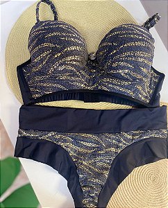 Conjunto Sutiã e calcinha brilho dourado azul marinho lateral larga reforçado calcinha cos alto e fio duplo Rafaela