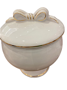Compoteira Grande c/ Pé e Laço Branco e Dourado