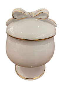 Compoteira MD c/ Pé e Laço Branco e Dourado