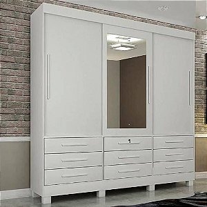 Guarda Roupa 3 Portas de Correr Com Espelho 9 Gavetas Arezzo Branco - Sallêto