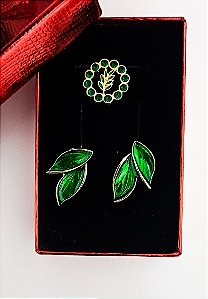 Kit Brincos Folhas e Pin Acácia Strass - Verdes