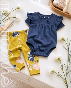 Conjunto Body e Calça 2 Peças Floral Mustard