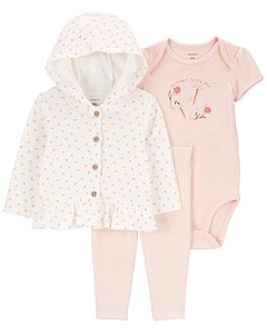 Conjunto 3 Peças Com Cardigan Floral Rosa