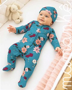 Kit Macacão Carters com Touca Floral Turquesa