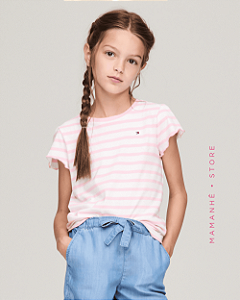 Camiseta Infantil Tommy Hilfiger Manga Flutter Listrada Rosa