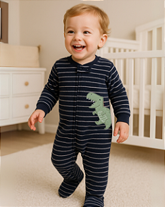 Macacão Pijama Fleece Dinossauro Marinho