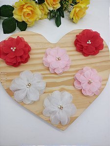 Aplique Flor Organza com Perolas e Strass, Grande 7cm com 1 unidade.