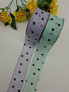 Fita Organza com Coração Preto n9 (38mm) com 1 Metro