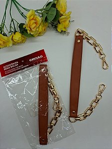 Alça de PU com Corrente - 55cm - 1 Unidade - Marrom