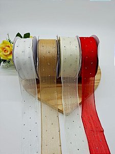 Fita Organza Decorada com Strass Prata N9 (38mm) com 1 metro.