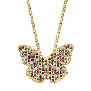 Gargantilha borboleta “CRISTALINO” com zircônias coloridas em semijoia banhado em ouro 18k 