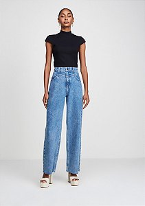 Calça Jeans Wide Leg Cintura Alta com pintado – Facillita