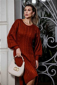 Vestido Tricot Trança Decote Redondo - Terracota