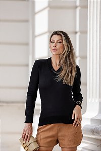 Blusa Tricot Modal V Basic - Preto