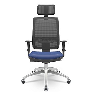 Cadeira Presidente Brizza Preta e azul base alumínio polido e sistema Back Plax