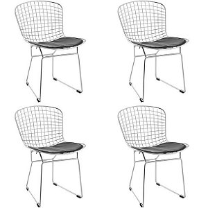 Conjunto 04 cadeiras Bertóia Linha Premium aço cromado almofada preta