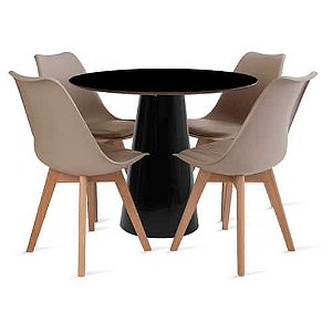 Conjunto Imperial Mesa de base cone tampo MDF fórmica preta 90 cm diâm + 04 cadeiras Eames Leda/Saarinen Wood /Joly Fendi