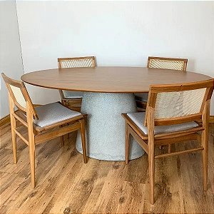 Conjunto Mesa de Jantar 160X90cm Cone base concreto com 04 cadeiras Palhinha sextavada madeira clara