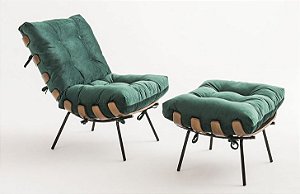Poltrona Costela com Puffe Veludo verde madeira natural