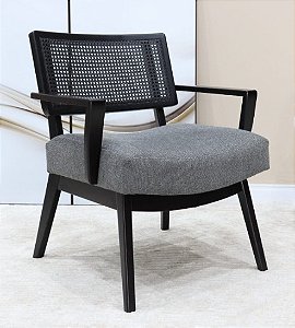 POLTRONA MADALENA MADEIRA EBANIZADA BLACK EDITION   ENCOSTO PALHINHA TECIDO CINZA