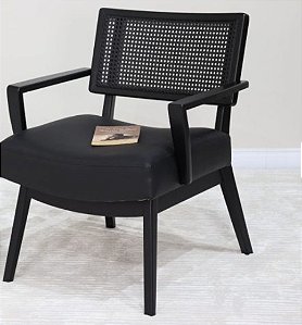 POLTRONA MADALENA MADEIRA EBANIZADA BLACK EDITION   ENCOSTO PALHINHA TECIDO LINHO PRETO